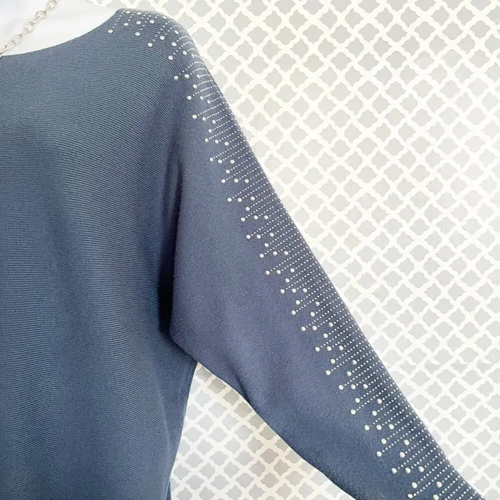 Milano Blue Dolman Sleeve Sweater with Sequins & Silver Studs, L
